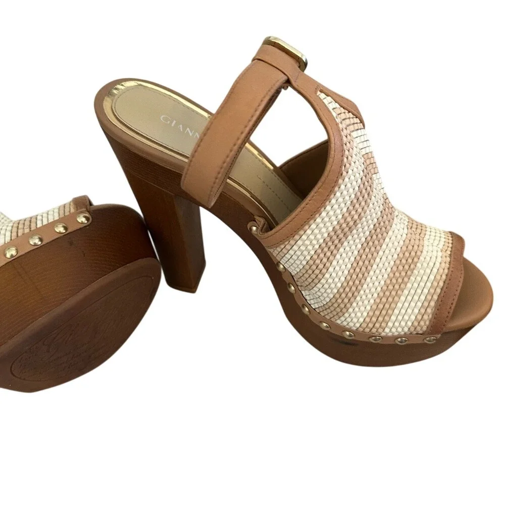 Gianni Bini Platform Heels Ankle Strap Peep‎ Toe Woven Tan Brown